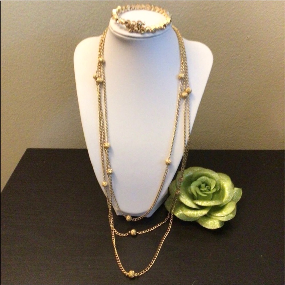 SHERMAN. Gold Tone Long Multi Strand Necklace & Bracelet.